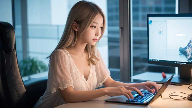 Beautiful girl operating a computer{Two-handed operation}Beautiful girl facing a computer、{Staring at your computer screen}{Beautiful night view from the window}、Beautiful girl standing by the window、Beautiful girl sitting、Beautiful girl in nightgown、Slender beautiful girl、Beautiful girl in a dark room、Blonde silver haired beautiful girl、夜にBeautiful girl operating a computer{Right beside