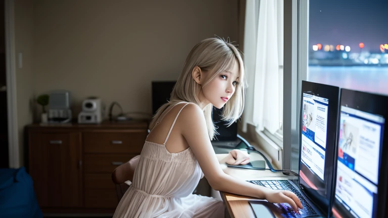 Beautiful girl operating a computer｛Two-handed operation｝Beautiful girl facing a computer、｛Staring at your computer screen｝｛Beautiful night view from the window｝、Beautiful girl standing by the window、Beautiful girl sitting、Beautiful girl in nightgown、Slender beautiful girl、Beautiful girl in a dark room、Blonde silver haired beautiful girl、夜にBeautiful girl operating a computer｛Right beside