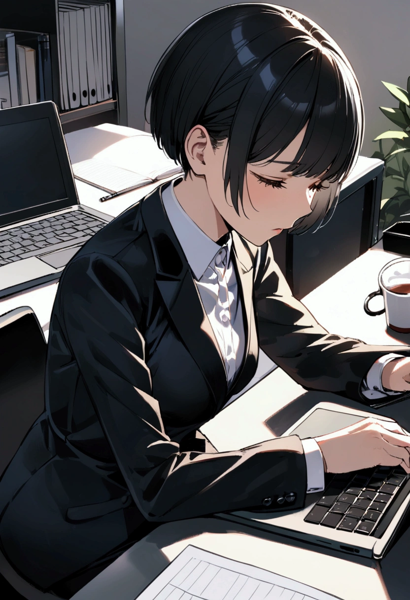 slender,a young girl,pixie cut,black hair,suit,tired,working on laptop,office setting,notebook