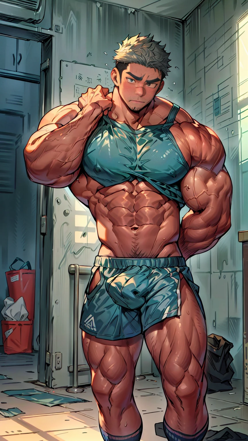 (A male athlete,)(In a small room,Desaturated teal walls,The room is paved with soft seamless gray-blue bricks,Dirty clothes piled on the floor in the room,)(He radiates,Topless,No shirt,Wrists wrapped with cloth,Wearing blue-green sports shorts,Socks are torn,Socks showing toes,)(Shy expression,Blushed,Standing helplessly,Hand drooping,Knee slightly bent,Half of the body,Lift up your trouser legs with your hands,)(Shot from below,full-body shot,)(White skin,Very high,muscular,Broad shoulders, Huge muscles, muscular的,pectoralis major, strong身体, Well-developed arm muscles, muscular的身体, Chest muscle expansion, 8 Pack Abs, strong,)