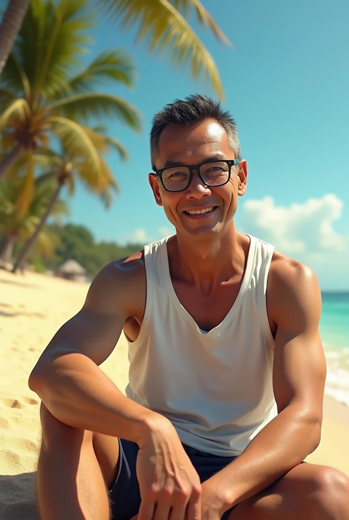 Malay man with glasses wearing a singlet shirt on the beach