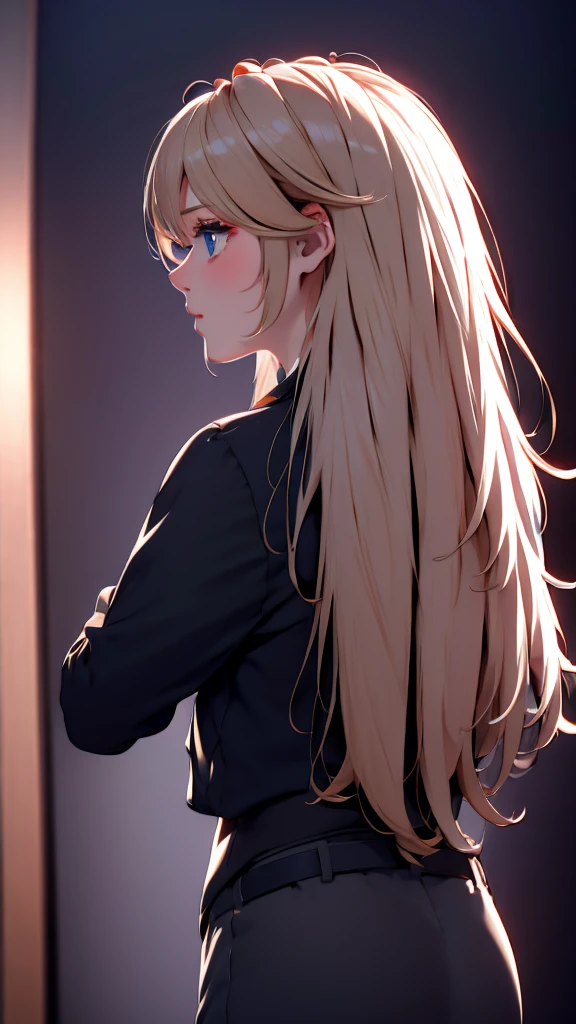 1 Girl, medium light gold hair, light blue eyes, wearing Black Suit 4D , night club TOWN 18+, high res, ultrasharp, 8K, masterpiece, looking from behind