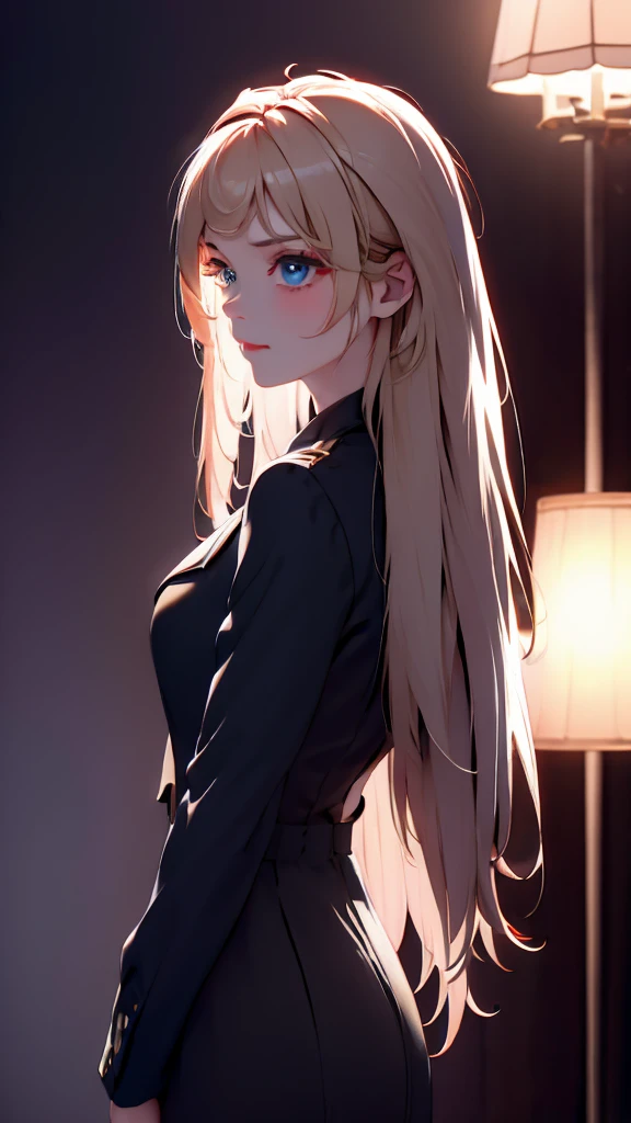 1 Girl, medium light gold hair, light blue eyes, wearing Black Suit 4D , night club TOWN 18+, high res, ultrasharp, 8K, masterpiece, looking from behind