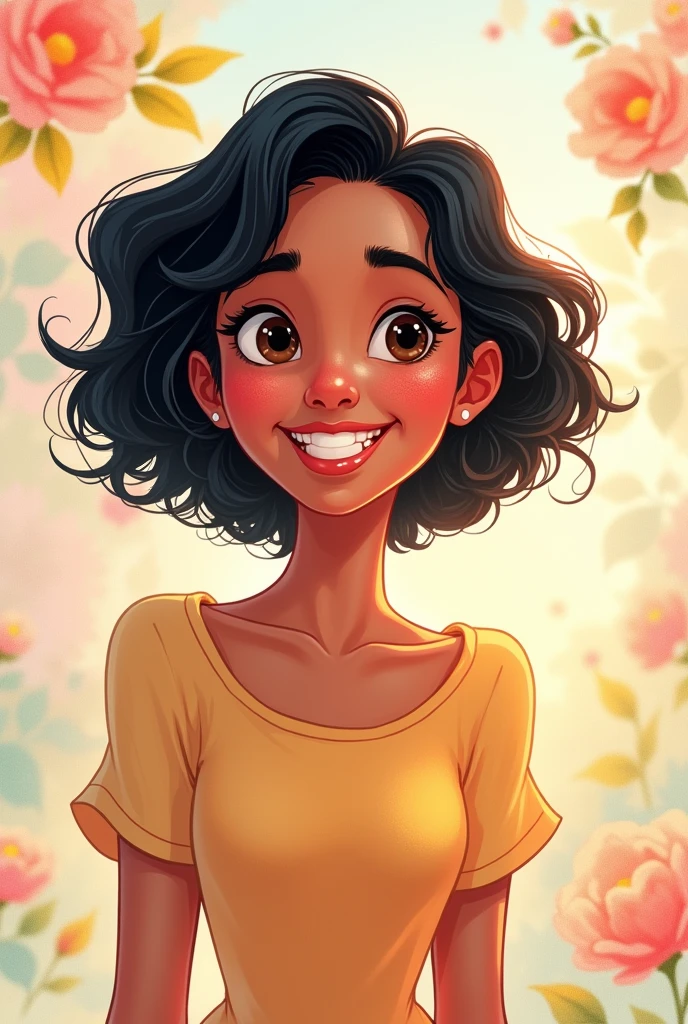 Disney AI image of a beautiful young woman with short curly black hair, fat and smiling