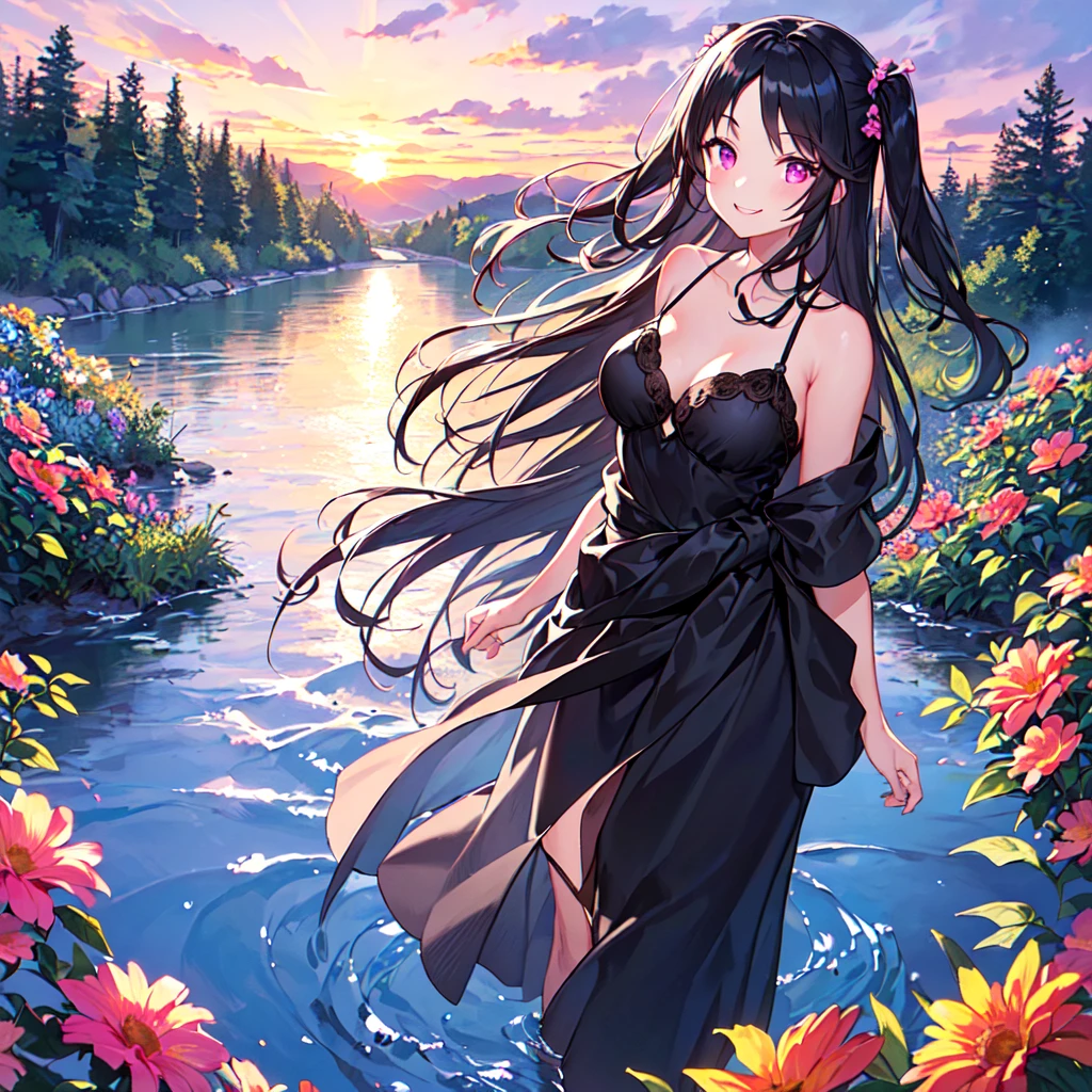 masterpiece, best quality, high quality, extremely detailed, very delicate and beautiful, (1 female 18 years old, solo: 1.5), (long black hair up to waist with two side up: 1.5), bangs to eyebrows, eyes Eyes sharp and strong, glossy, eyebrows glossy, (eye color magenta:1.3), 6.5 head height, (summer fashion: 1.3), (smiling), (standing on river), (dynamic pose), (summer flowers forest and river:1.3), (sunset:1.3)