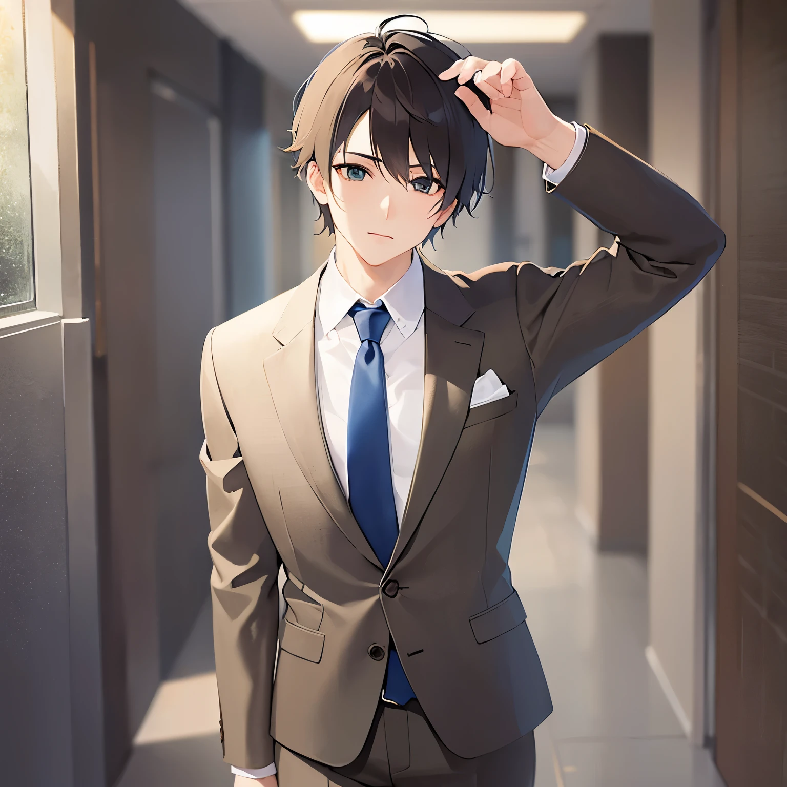 hand up, upper body、 masterpiece、Highest quality、(25-year-old male:1.5) and (Brown short hair) and (green eyes), BREAK (suit:1.5) and (Blue tie) BREAK 立っている、sad、The background is a company corridor、alone、Upper body is shown