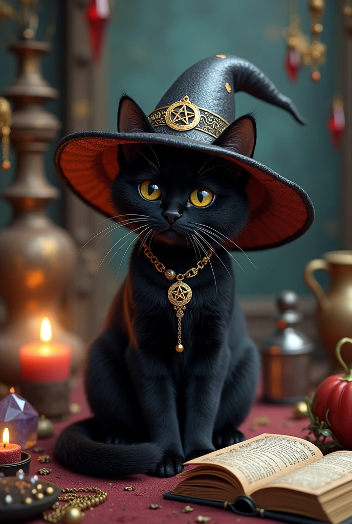 a cute black cat wearing witch'shat, surrounded by crystals and other magical objects, no humans, hat, witch hat, animal, animal focus, black cat, potion, cat, bat (animal), flask, gem, black headwear, ultra-realistic, 8k,ultra-realistic, hyper-detailed, 32k uhd, (Background is Luxury witches room and magic room) Magic Items, Magic Bottle, Large Magic Bottles, Elven Magic Bottle, Fairy Magic Bottle, hexagram, Crystal Magic, magic books wiccan, Luxury hexagram necklace, luxurious witch necklace, very much Witch spices and Magic Spices, (big hexagram closed books at the table Before photen by cate)