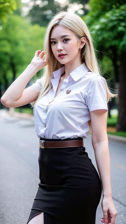Pretty thai woman walking , (8k, best quality, masterpiece, ultra highres:1.2) Photo of Pretty thai woman beautiful, beautiful enchanting fashion contemporary painting with , (1girl), (white shirt short sleeves), ((black pencil skirt)), belt , , blonde hair, , realistic skin texture , round chin, 85 mm art lens, f 1. 2, sharp focus, 8 k high definition, insanely detailed, intricate, elegant, large breasts, big breasts , black skirt , twin tails hair
