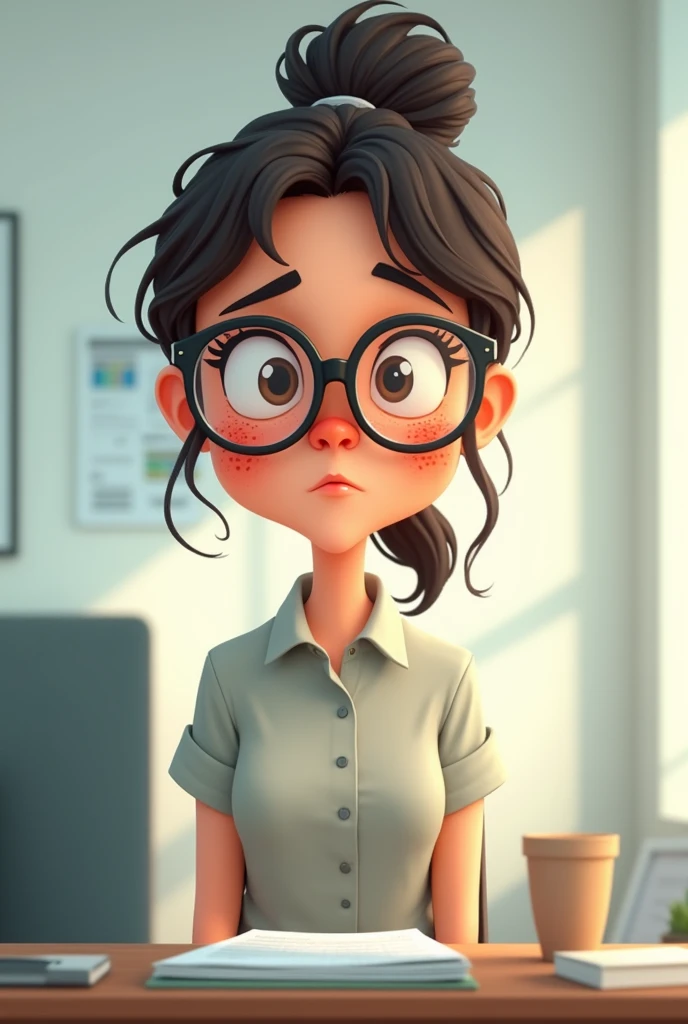 Unhappy lady corporate office worker. Include the following features... Distinct freckles, ponytail ( hairstyle), wears glasses, dorky kinda awkward demeanor. Use simple 2D animation style. Present the in full, head to toe. Portray different emotions such happiness, sadness, bored aand nervousness using appropriate facial features and hand gestures for each expression.