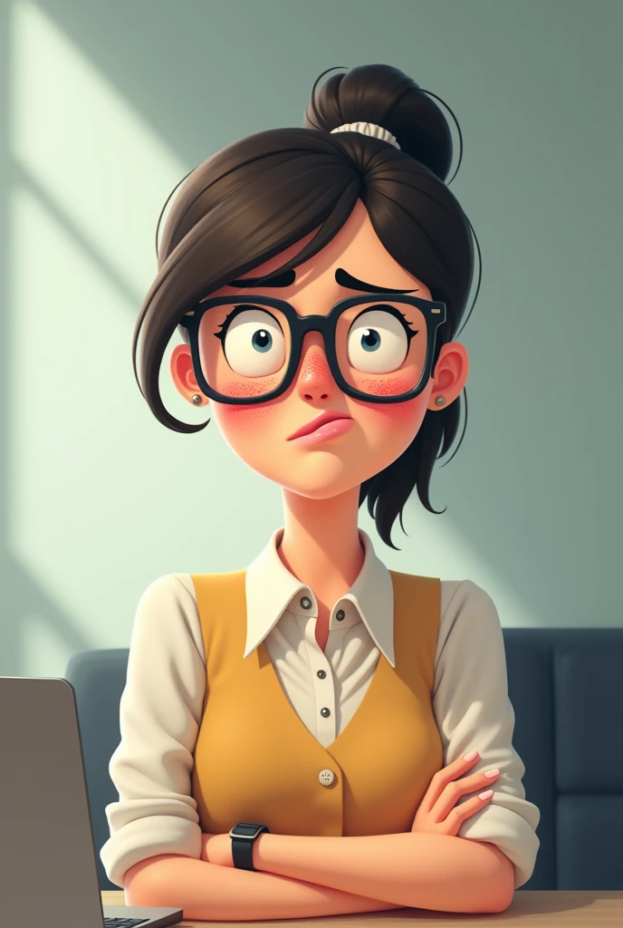 Unhappy lady corporate office worker. Include the following features... Distinct freckles, ponytail ( hairstyle), wears glasses, dorky kinda awkward demeanor. Use simple 2D animation style. Present the in full, head to toe. Portray different emotions such happiness, sadness, bored aand nervousness using appropriate facial features and hand gestures for each expression.