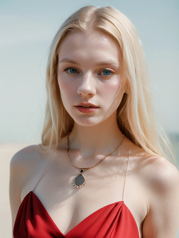 woman, young, blonde, pale skin, white background, an analog film still of a lady, red dress, necklace, luxury