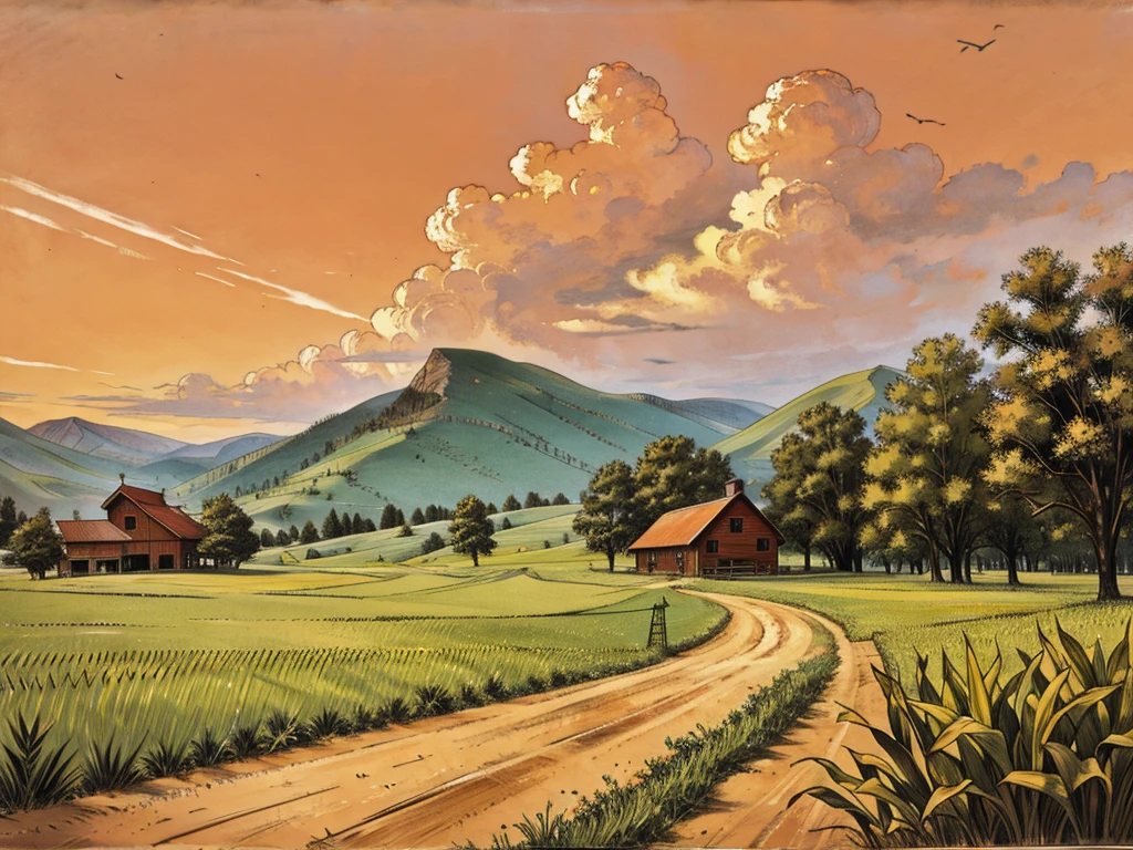 masterpiece of illustration drawing, a dirt path leads from a field of tall corn to a red-roofed farmhouse in the mountains, fresh cloudy sky.