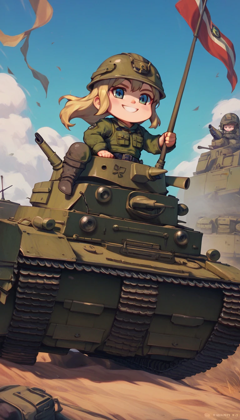 score_9, score_8_up, score_7_up, 1girl, inside tank, wearing soldier uniform, combat helmet, long hair, smile, chibi, riding a tank, panzer tank, armored tank, battlefield, battlefield background, gwentstyle, pnzr4tnk