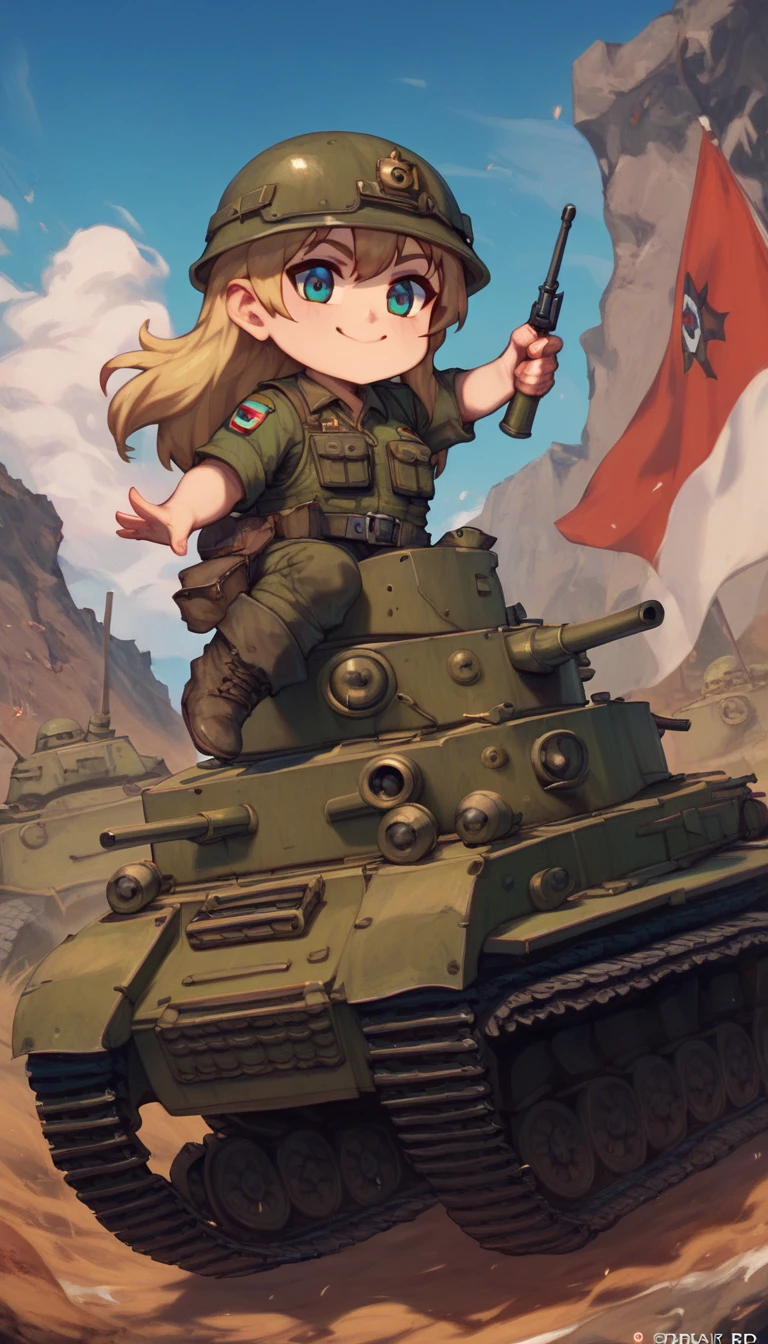 score_9, score_8_up, score_7_up, 1girl, inside tank, wearing soldier uniform, combat helmet, long hair, smile, chibi, riding a tank, panzer tank, armored tank, battlefield, battlefield background, gwentstyle, pnzr4tnk