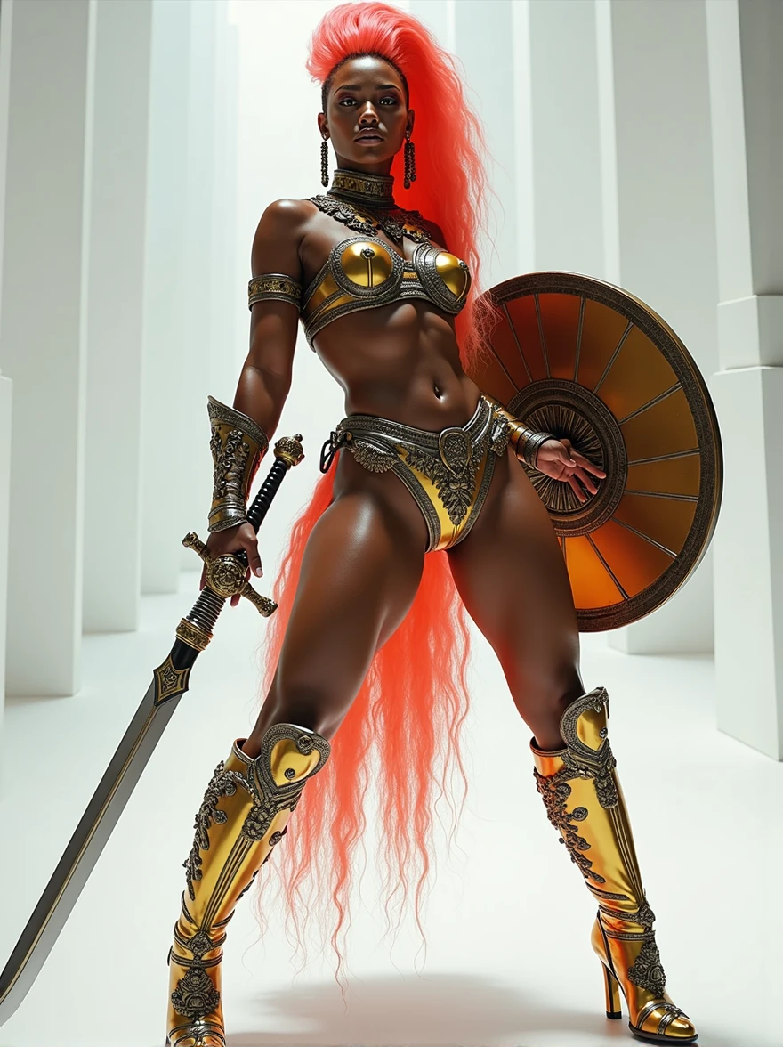 objective, An Amazon posing with confidence and courage. Hair: She has a very long neon wavy fade mohawk. Body: the breasts are tiny and small, wide hips are voluptuous and very strong trapezoidal and toned. The waist is tiny zero. Her body is voluptuous and delicate and Womancore. She has an immensely full round and protruding buttocks glutes. Face: like Angela Bassett. Clothes: Amazon armoured suit. The armor is bright metallic with flowers and intricate details. She has a long sword and a shield with relief symbol. Image style and definition: (ultra realistic photo, feminine figure, portraits, Reductionist form, UHD, mujercore.) Background: white room.