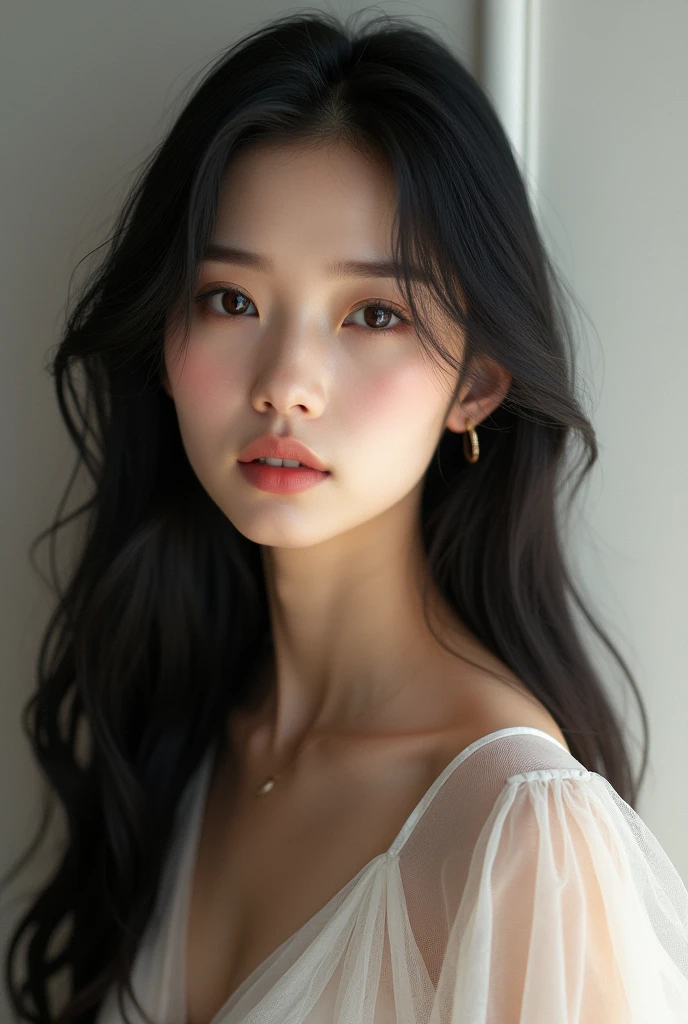 Portrait, Extremely Most Beautiful and Gorgeous Asian Lady with Pale Skin Tone, Black Long Hair, Oval-shaped Face, Almond-shaped Eyes, Button Nose Shape, Cupid-shaped Lips, Symmetrical Eyes, Nose, and Lips.