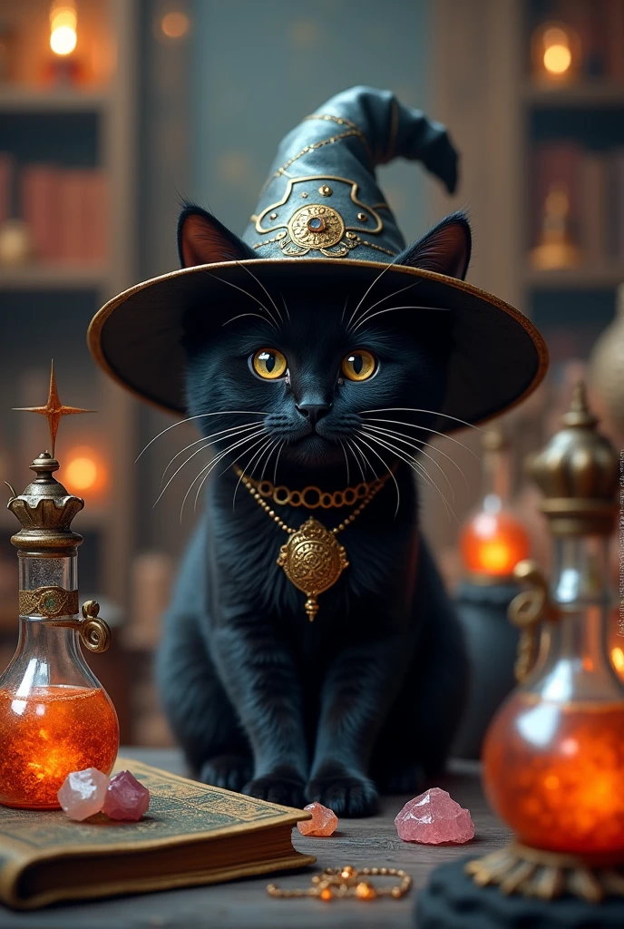 a cute black cat wearing witch'shat, surrounded by crystals and other magical objects, no humans, hat, witch hat, animal, animal focus, black cat, potion, cat, bat (animal), flask, gem, black headwear, ultra-realistic, 8k,ultra-realistic, hyper-detailed, 32k uhd, (Background is Luxury witches room and magic room) Magic Items, Magic Bottle, Large Magic Bottles, Elven Magic Bottle, Fairy Magic Bottle, hexagram, Crystal Magic, magic books wiccan, Luxury hexagram necklace, luxurious witch necklace, very much Witch spices and Magic Spices, (big hexagram closed books at the table Before photen by cate) 