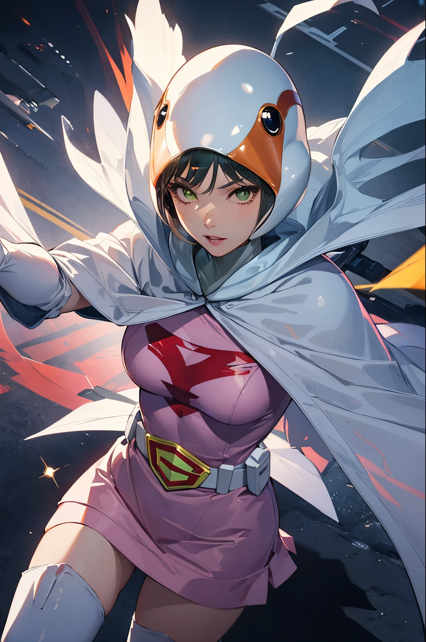 ANI_CLASSIC_jun_gatchaman_ownwaifu, jun the swan, 1girl,curvy, lips, medium breasts, green eyes,(visor,see through:1.3),helmet, cape, elbow gloves, thighhighs, belt, white gloves, zettai ryouiki, skirt, white legwear, pink dress, white cape,pink skirt, short dress,masterpiece,Noise Reduction,perfect anatomy,high resolution, ultra-detailed, ultra-detailed face,game cg,dutch angle ,beautiful detailed eyes,visualart,five fingers, perfect hands, perfect lighting, sparkling pupils,