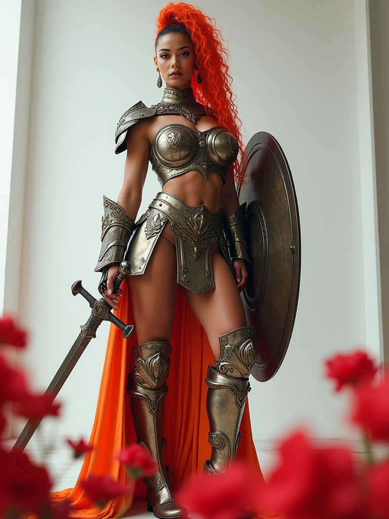 An Amazon posing with confidence and courage. Hair: She has a very long neon wavy fade mohawk. Body: the breasts are tiny and small, wide hips are voluptuous and very strong trapezoidal and toned. The waist is tiny zero. Her body is voluptuous and delicate and Womanly. She has an immensely full round and protruding buttocks glutes. Face: like Angela Bassett. Clothes: Amazon armoured suit. The armor is bright metallic with flowers and intricate details. She has a long sword and a shield with relief symbol. Image style and definition: (ultra realistic photo, feminine figure, portraits, 8 K, Womancore, Reductionist form, DSLR, mujercore.) Background: white room. Highlight the detailed skin texture, body contours, and realistic lighting effects to achieve a high level of visual fidelity. , jaw-dropping body, The overall ambiance is professional, chic, and reflects her expertise as an instructor. facing the camera directly. Bold with text discussion wish your link Download. emphasizing its detailed design. high quality, The composition is further enhanced by the dreamy and ethereal effect of blurred red flowers in the foreground. The overall atmosphere combines mystery and sensuality. Photo taken extremely low down by J Alex Photos