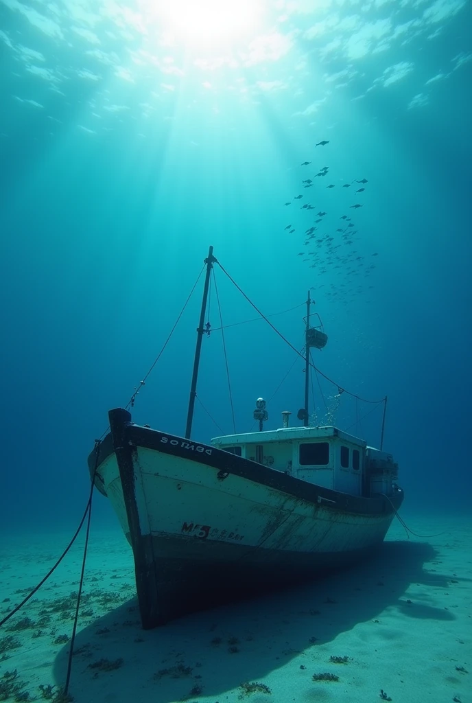 Fishing boat lying on the seabed、Ultra HD、Crystal clear sea、Ghibli、A lot of fish are swimming、scared