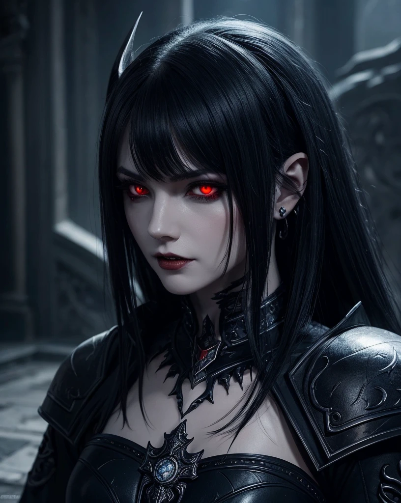 a high fantasy digital painting of an elder vampire, hyper detailed face, piercing red eyes, sharp fangs, long black hair, ornate silver armor, dark gothic cape, dramatic lighting, cinematic composition, epic fantasy dark, solo girl