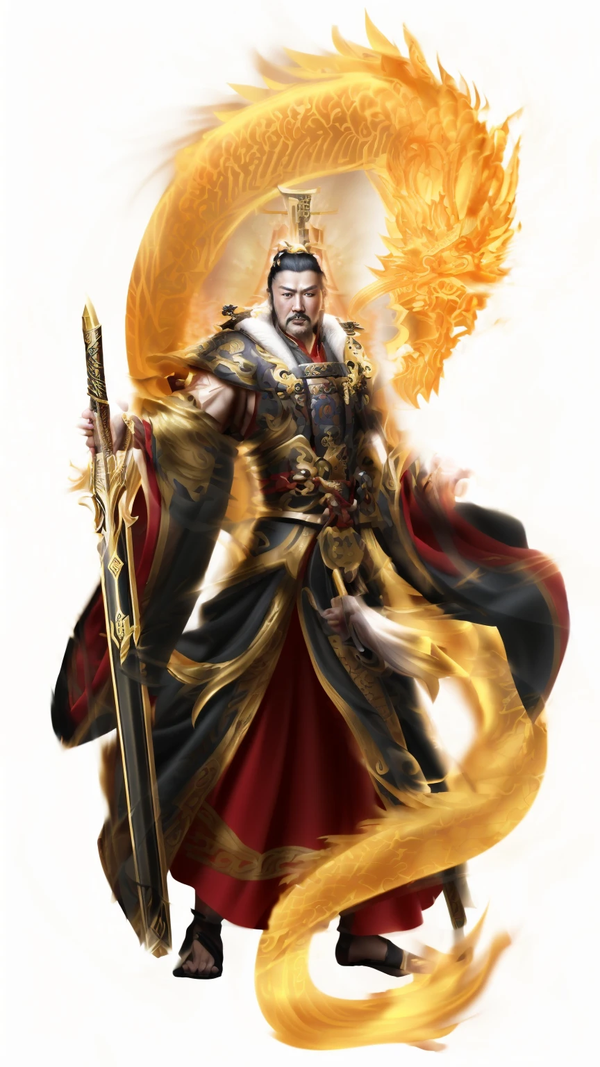 an image of a man in a golden robe holding a sword, bian lian, inspired by Li Kan, inspired by Huang Shen, heise jinyao, guan yu, zhao yun, the god emperor of mankind, inspired by Guan Daosheng, god emperor, g liulian art style, loong, inspired by Zhang Sengyao, emperor