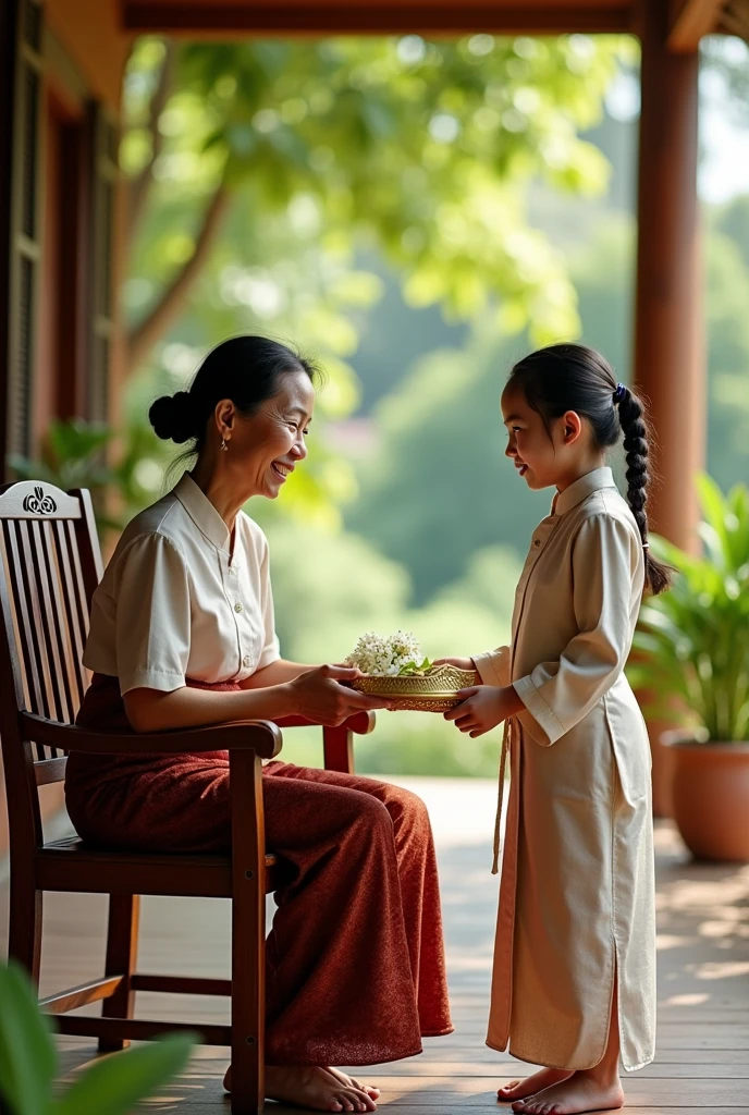 Create a realistic image of a 50-year-old Thai mother sitting in a traditional-style chair on the front porch of her home. She embodies the essence of rural Thai culture, with gentle features and a warm smile. In front of her, her beautiful 12-year-old daughter kneels gracefully, dressed in an elegant traditional Thai outfit. The daughter lovingly presents a stunning jasmine garland placed on a tall golden tray, offering it to her mother. The outdoor scene is set in a lush garden, with bright sunlight streaming through the leaves, creating a warm and inviting atmosphere. The image should capture intricate details and be rendered in 32K resolution to highlight the beauty of the moment and the rich cultural elements.