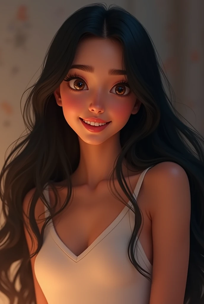 Image in Disney AI beautiful girl with long black hair, smiling and wearing a tank top