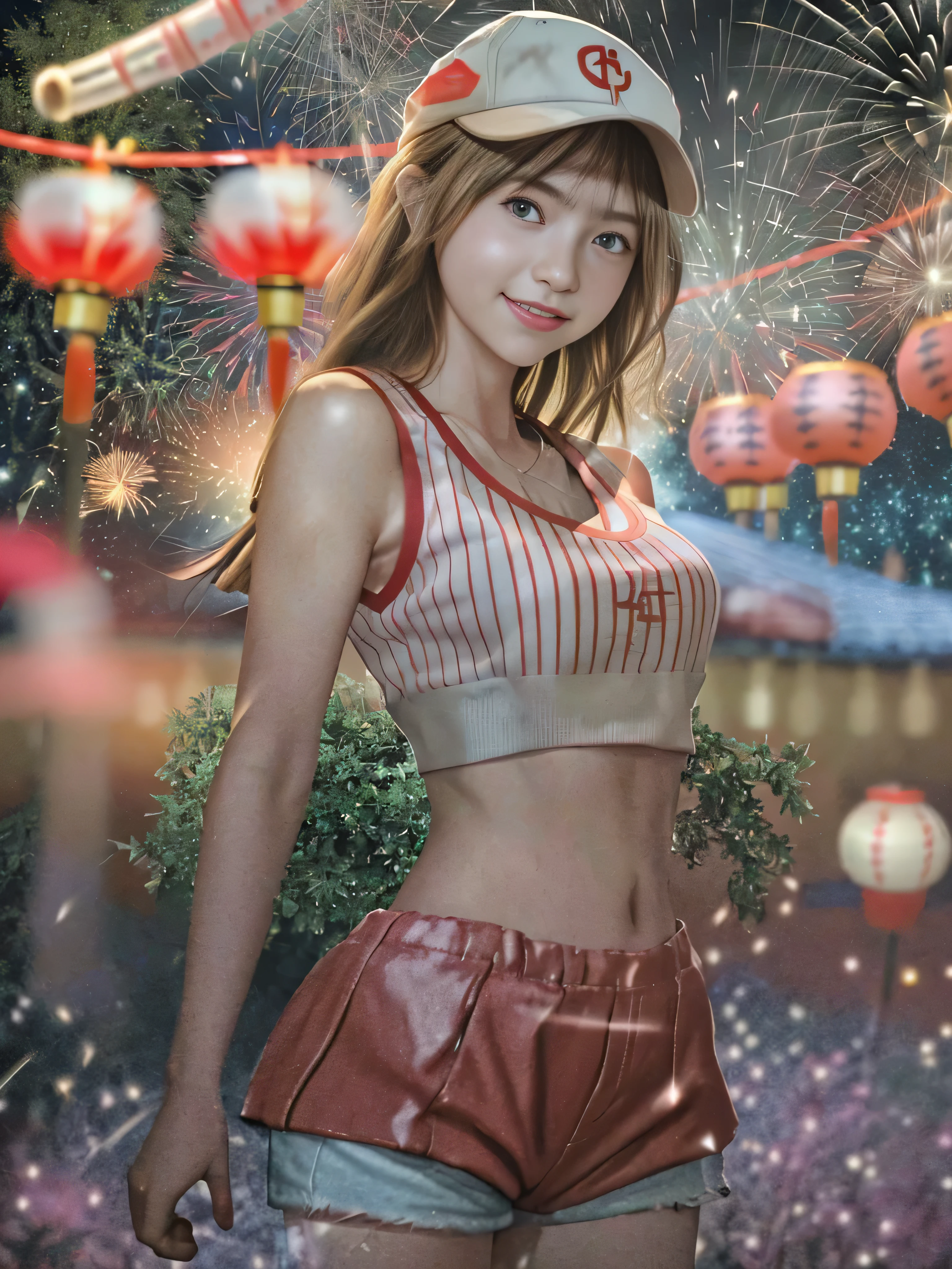 Highest quality、masterpiece、Ultra-high resolution、(Photorealistic:1.4)、(((RAW Photos:1.4)))、Exquisite photo quality、(Fireworks display:1.4)、Beautiful poop、One Girl、Japanese、、(blue eyes:1.2)、Pink lipstick、Smiling Face、(Brown Hair:1.4)、Sunburned skin、(Baseball cap:1.4)、(Cropped tank top:1.4)、(The underbust is visible:1.4)、(Low-rise shorts:1.2)、Large bust、Cleavage、Detailed portrait、8K quality、Concept Art、A dramatic, cinematic atmosphere、(Japanese Shrines:1.2)、(Japanese red and white lanterns:1.2)、Wind Chimes、(Festival Flag,)、Paper decoration、Sharp focus、Volumetric lighting、Cinema Lighting、Colorful neon lighting、Depth of written boundary、Ambient Lighting、Blurred foreground、Blurred Background:1.3、Portrait