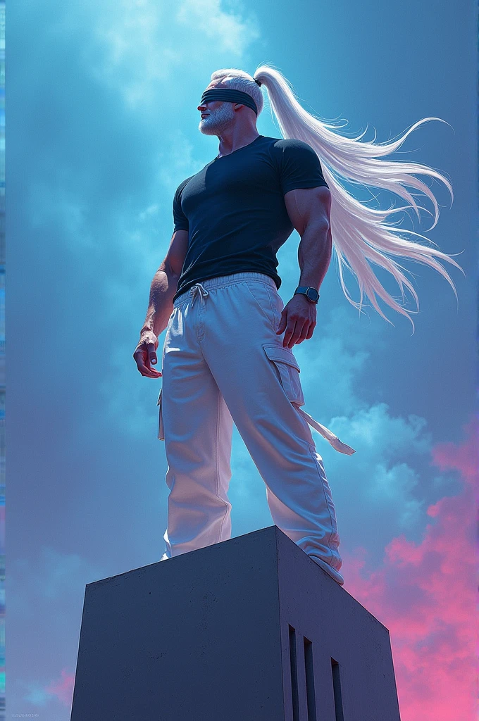Create an image of a tall guy,on top of a large building,with white hair with a ponytail,and with a blindfold and taking half of it off and showing her blue eyes shining, with the color of the place being blue, pink and purple, he will be wearing a black shirt that is tight to his muscles, and puffy white pants