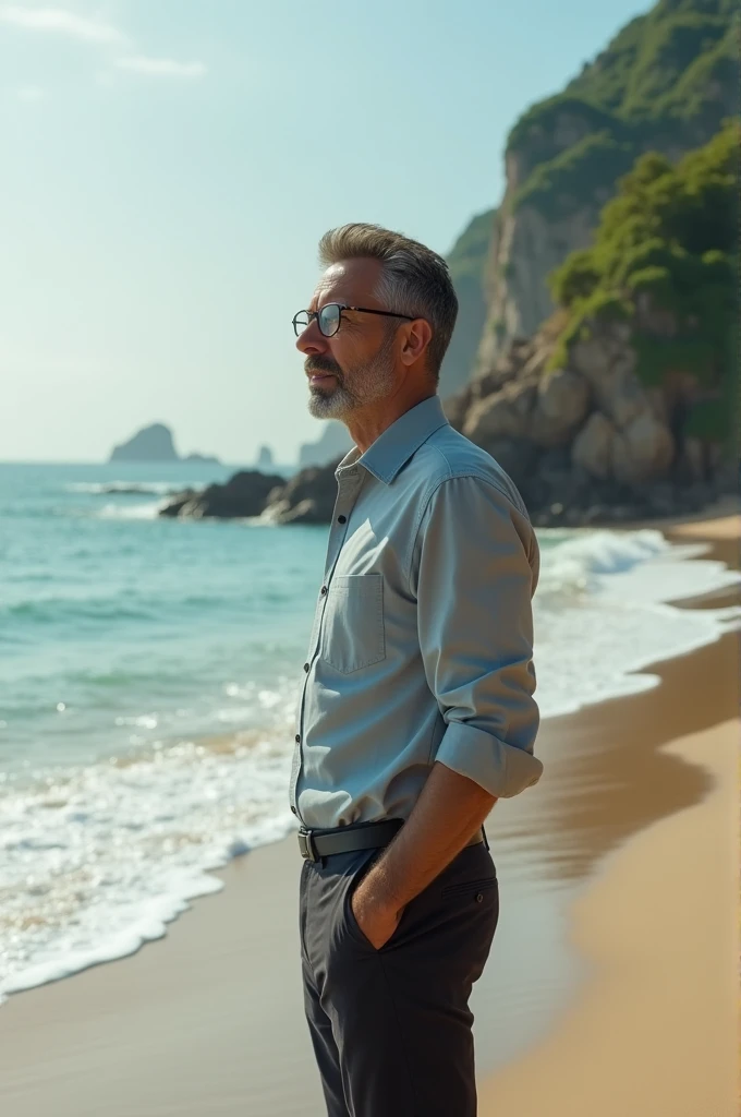 A man wearing glasses with a beard standing on the beach
