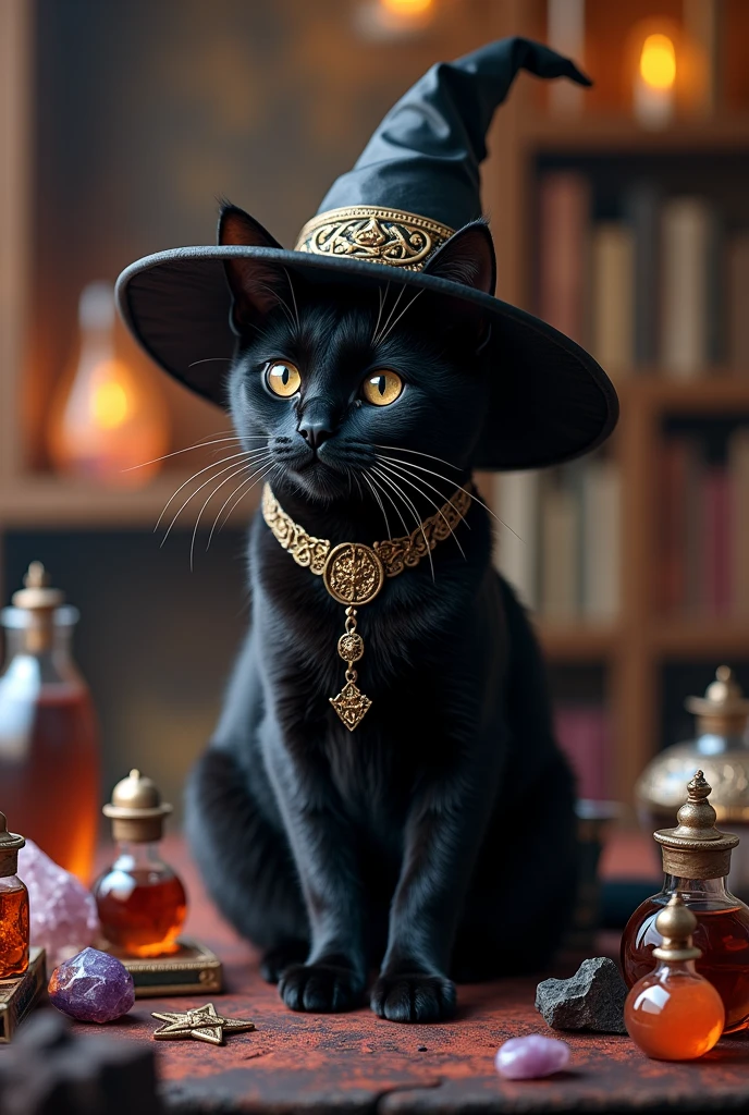 a cute black cat wearing witch'shat, surrounded by crystals and other magical objects, no humans, hat, witch hat, animal, animal focus, black cat, potion, cat, bat (animal), flask, gem, black headwear, ultra-realistic, 8k,ultra-realistic, hyper-detailed, 32k uhd, (Background is Luxury witches room and magic room) Magic Items, Magic Bottle, Large Magic Bottles, Elven Magic Bottle, Fairy Magic Bottle, hexagram, Crystal Magic, magic books wiccan, Luxury hexagram necklace, luxurious witch necklace, very much Witch spices and Magic Spices, (big hexagram closed books at the table Before photen by cate) 