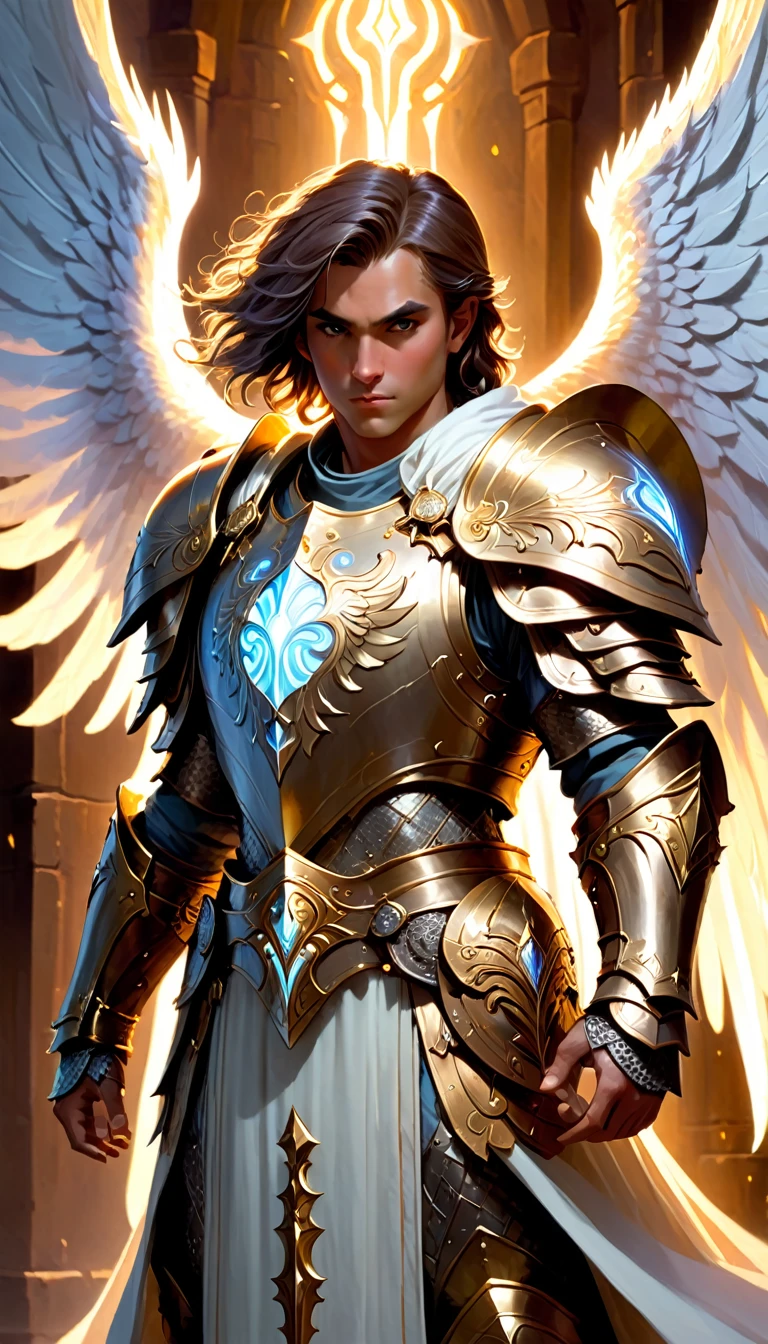 dungeons and dragons, character design, best quality, masterpiece, extremely detailed, 30 year old, male aasimar, protector paladdin, huge angel wings, heavy plate armor, glowing celestial runes, flowy tabard, greatsword, ornate shield, cinematic lighting, perfect face, perfect hands, perfection