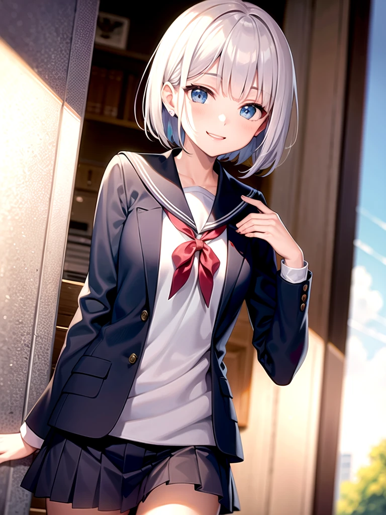 Blue short bob high school girl、Blue eyes、Sailor suit、blazer、School stairs、Getting off、smile、whole body