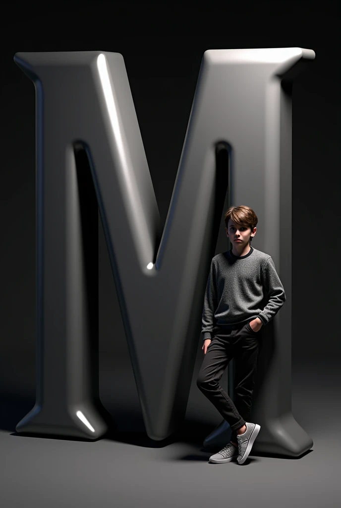 Create an image featuring a large, glossy, “B” 3D letter in the foreground with a boy leaning casually against it. The person should be dressed in stylish, monochromatic clothing and have