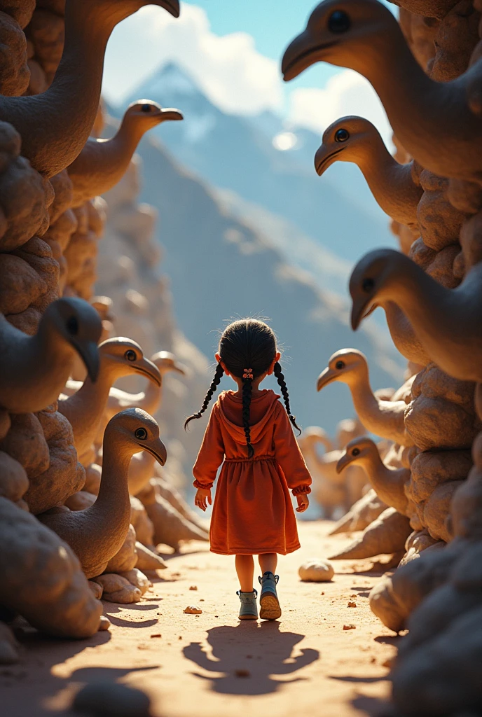 An 8--old l with braids and big eyes visits a workshop for bird sculptures and people who tell her stories in the Andes in the middle of the sillar mountains of Arequipa in Peru