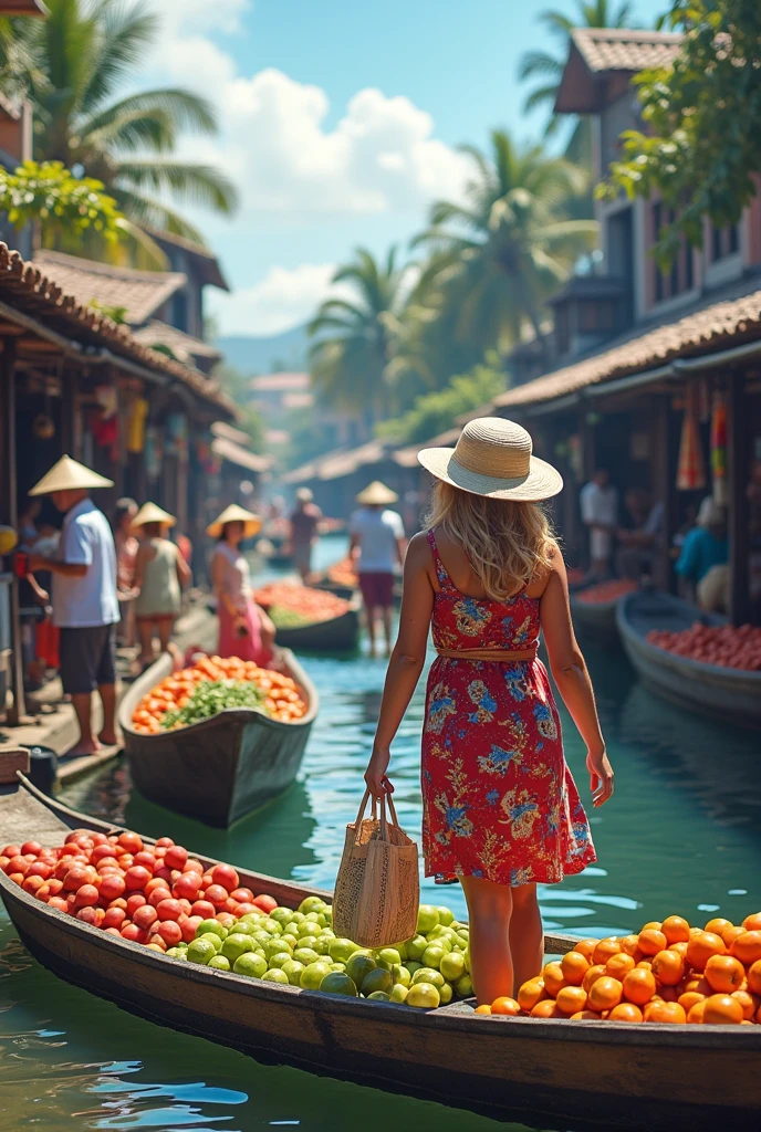 absurdres, ultra detailed, highres, 1girl, travel, traveller, vacation, global adventures, cultural experiences, breathtaking destinations, local customs, immersive travel, sightseeing, Floating markets, bustling activity, colorful boats, local produce, traditional culture, unique experiences,BREAK Lightweight clothes, comfortable shoes, sun hat, sunglasses, sunscreen, reusable shopping bag
