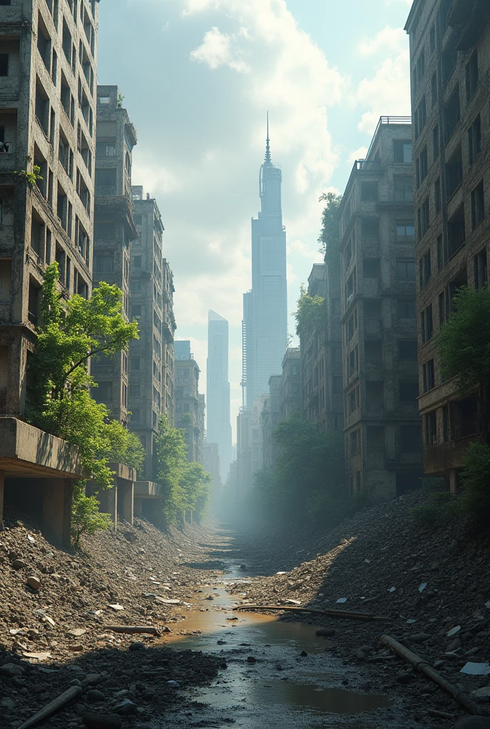 Create a realistic image of half of an abandoned and destroyed city that is isolated with a giant wall and the other half is a more civilized part