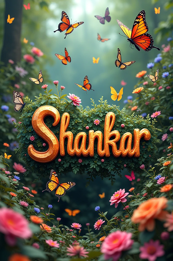 Lot of flowers and butterflies flying around the alphabet Shankar