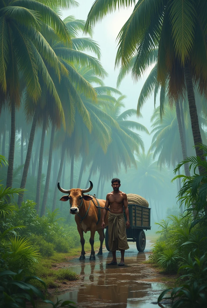 Farm nature with coconut tree and rainy season, bullock cart , man