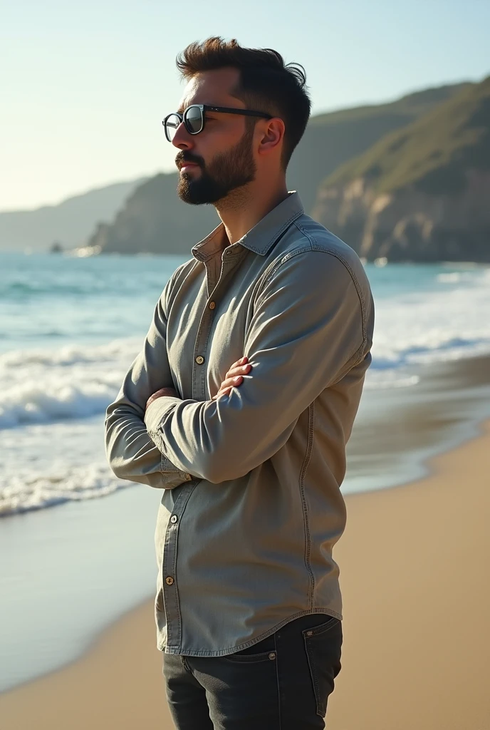 A man wearing glasses with a beard standing on the beach
