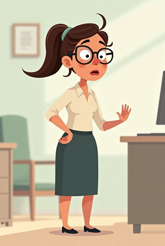 Unhappy lady corporate office worker. Include the following features... Distinct freckles, ponytail ( hairstyle), wears glasses, dorky kinda awkward demeanor. Use simple 2D animation style. Present the in full, head to toe. Present the same character in different facial expressions such as happy, sad, nervousness and bored