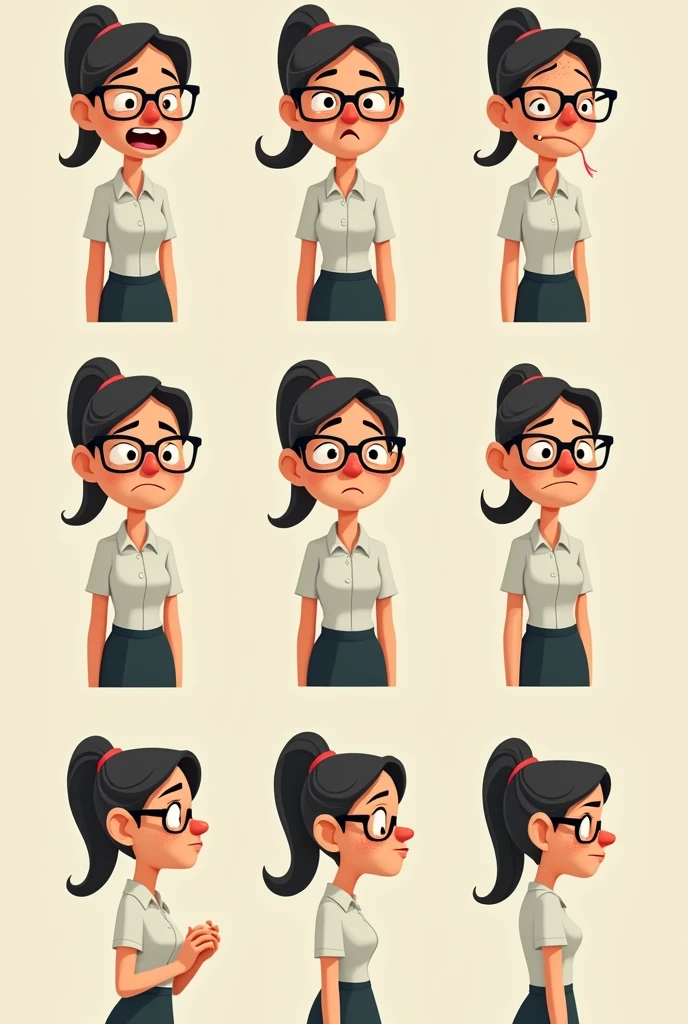 Unhappy lady corporate office worker. Include the following features... Distinct freckles, ponytail ( hairstyle), wears glasses, dorky kinda awkward demeanor. Use simple 2D animation style. Present the in full, head to toe. Present the same character in different facial expressions such as happy, sad, nervousness and bored