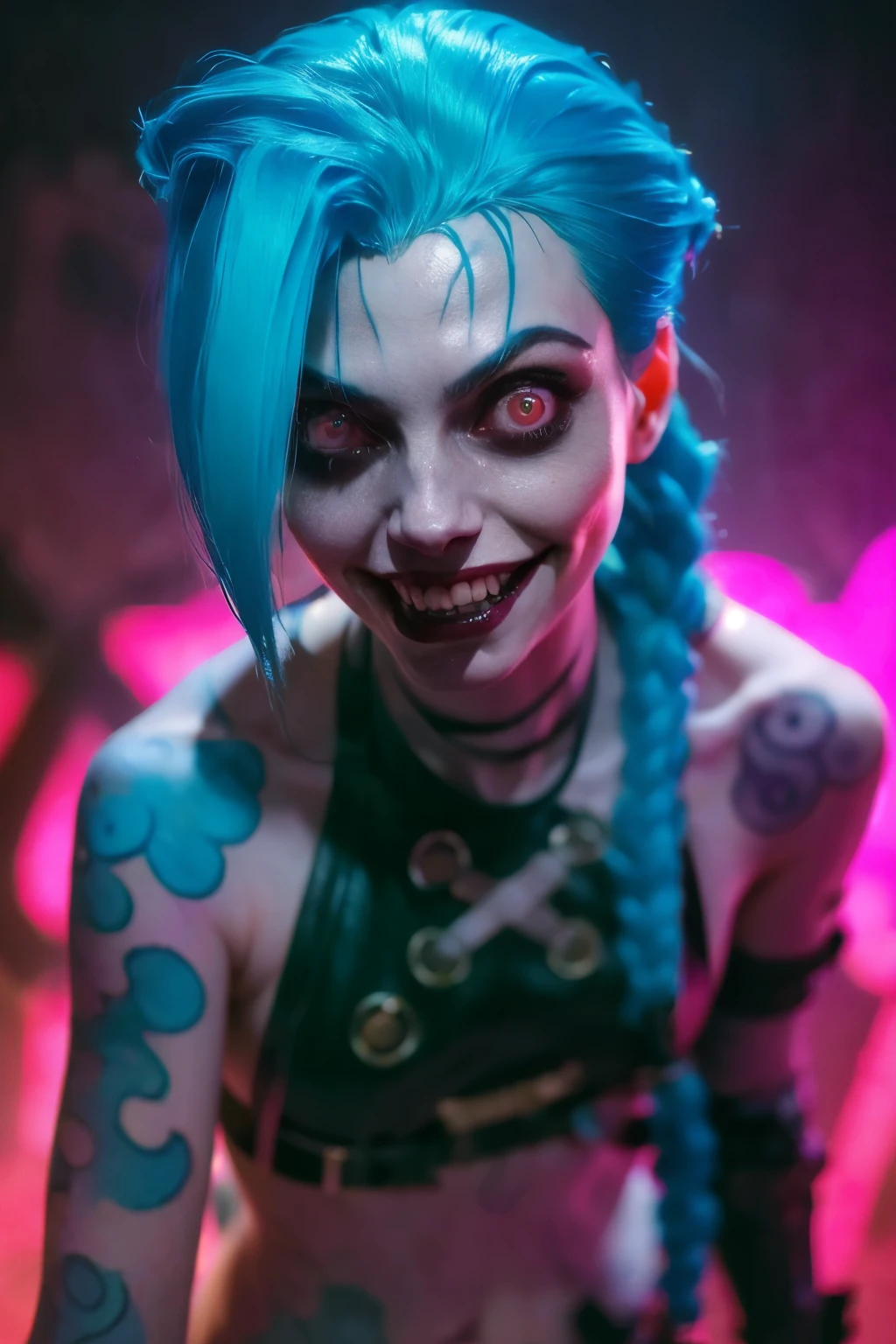 Hyper realistic super detailed Jinx cosplay ,(( Young girl, 15 years old)) , Very detailed, (hyper realistic: 1.4), ((in dynamic sensual pose, holding a grande)) , ((angry face)) , twin braids, long hair, blue hair, red eyes, (((blue tattoo on arm))) , ((skinny body)) , (((psycho face, creppy smiling) )), arcane style. ((Grunge Neon grafitti background, cinematic lighting)).