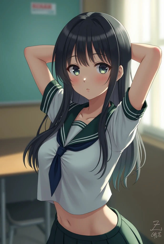 (Highest quality,8k,RAW Photos,Realistic,High resolution:1.2),(Cute Japanese Girl),(Huge breasts:1.20),(Because I'm Slim、Naughty body),(Japanese High School Uniform),(School classroom),(18-year-old、difficult、Sublime Dreams、Male classmate prisoner、The presence of idols),(Beautiful Realistic Asians:1.5、kind)、Professional、Completely naked,Whole Body Ezbian,Raise your arms,Hide your hands behind your head,Browsing Caution