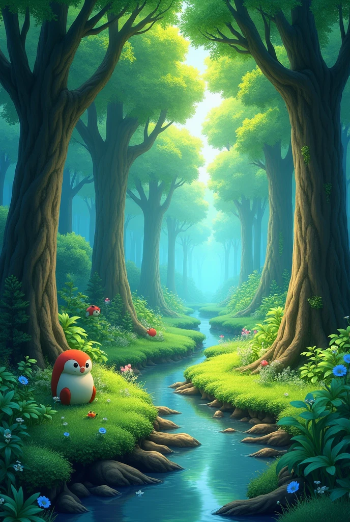 Viral anime nature wallpaper in 4K quality, in the style of digital illustration inspired by Hayao Miyazaki, featuring a serene forest with towering ancient trees, dappled sunlight filtering through the leaves, a gentle stream flowing through the scene, and mystical creatures peeking from behind the foliage; vibrant and warm color temperature, cosmos lighting with stars twinkling in the sky, no human characters, the atmosphere is tranquil and enchanting --v 5 --stylize 1000