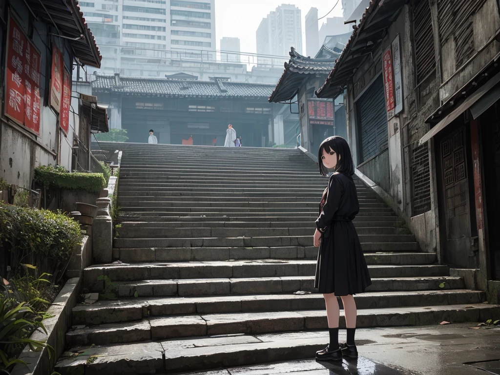 A pale black-haired girl standing on the dark steps of Kowloon Walled City