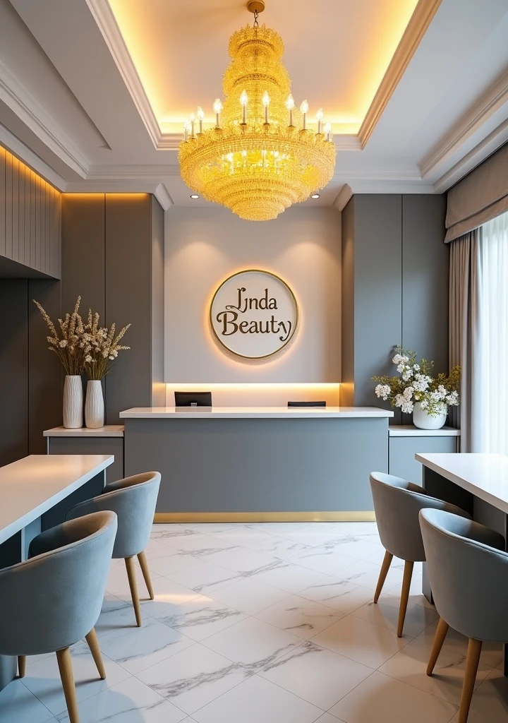 View of the reception room of a beauty spa, gray or white accents, a warm yellow crystal chandelier, and a spa logo on the wall behind the reception desk, "Linda Beauty." ", there is a set of tables and chairs of the same tone for customer