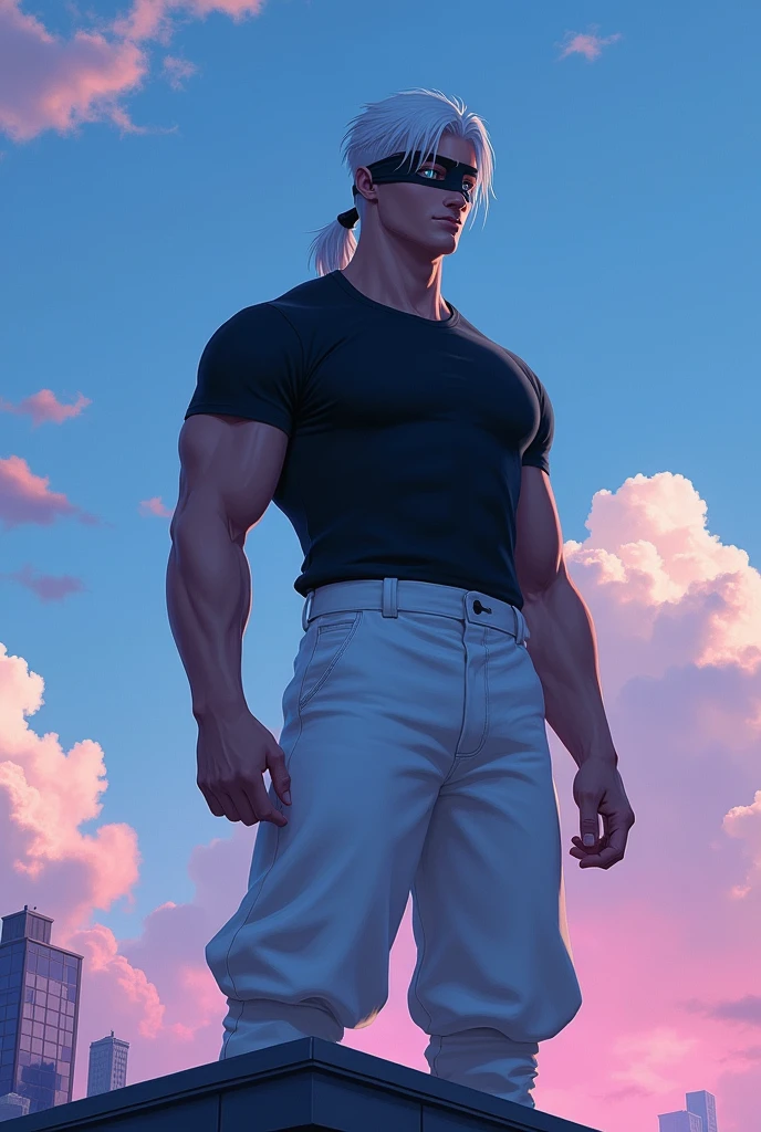Create an image of a tall guy,on top of a large building,with white hair with a not very big ponytail,and with a blindfold and taking half of it off and showing her blue eyes shining, with the color of the place being blue, pink and purple, he will be wearing a black shirt that is tight to his muscles, and puffy white pants without a beard,