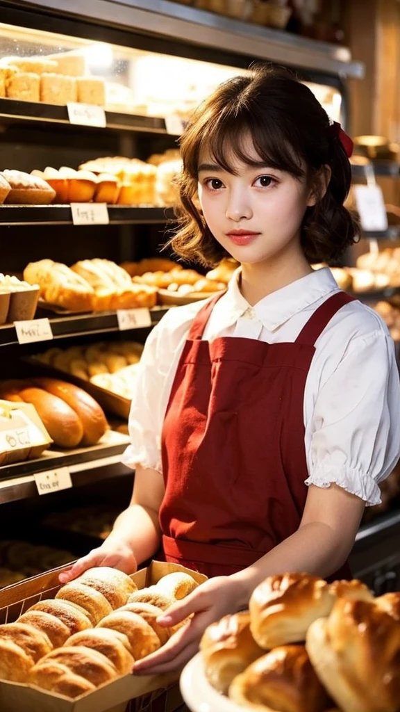 A young girl with short, wavy brown hair stands in a cozy bakery. She wears a large, vibrant red bow on her head, reminiscent of the character Kiki from 'Kiki's Delivery Service.' Her expression is thoughtful as she looks towards the camera. The bakery around her is softly lit, with warm tones highlighting the assortment of fresh bread and pastries displayed on wooden shelves. The environment exudes a warm and nostalgic atmosphere, filled with the charm of a small, local bakery.